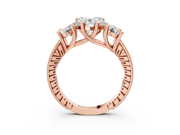 Rose gold Three-Stone Heart Diamond Milgrain Pave Band with Prong Setting