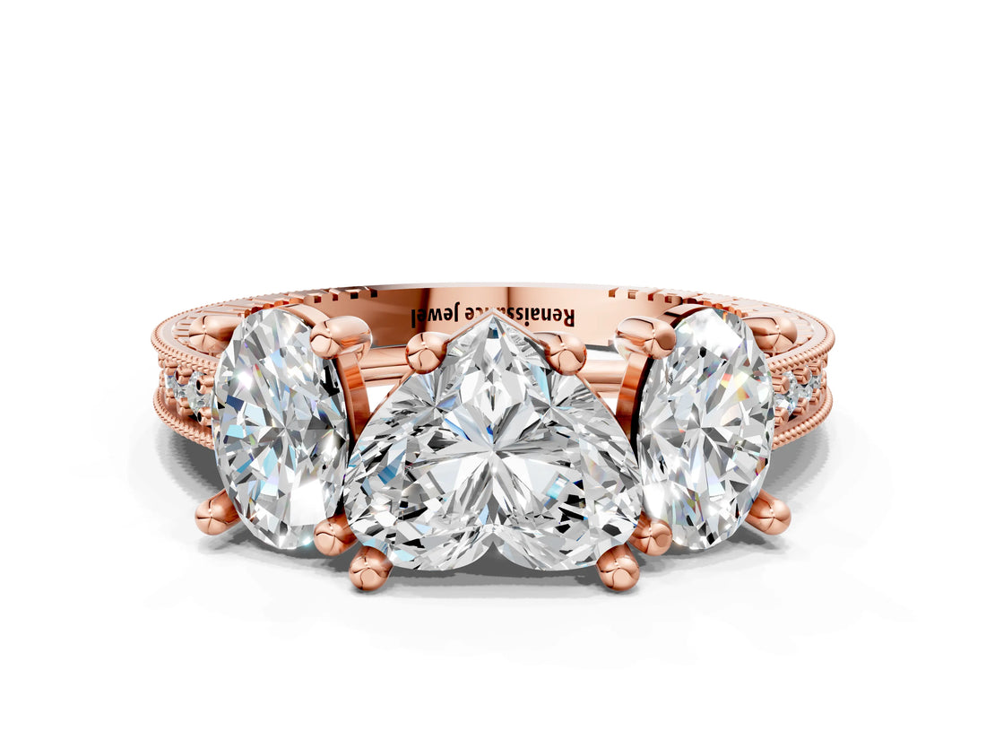 Rose gold Three-Stone Heart Diamond Milgrain Pave Band with Prong Setting