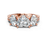 Rose gold Three-Stone Heart Diamond Milgrain Pave Band with Prong Setting