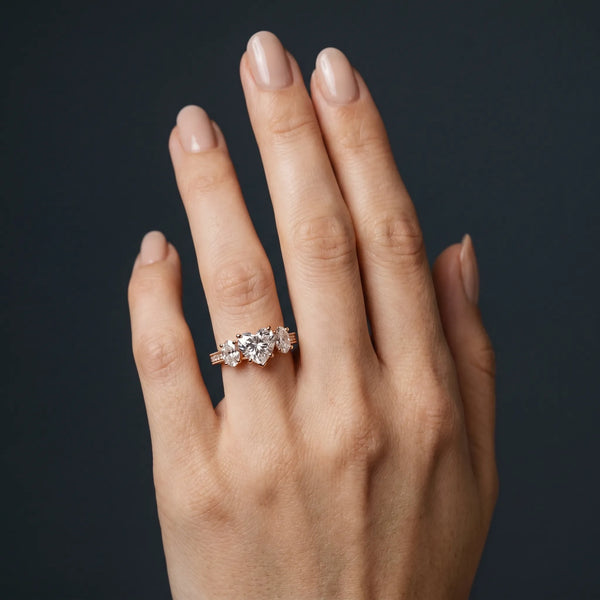 Rose gold Three-Stone Heart Diamond Milgrain Pave Band with Prong Setting