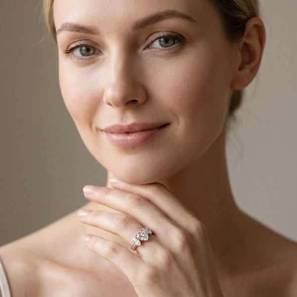 Rose gold Three-Stone Heart Diamond Milgrain Pave Band with Prong Setting