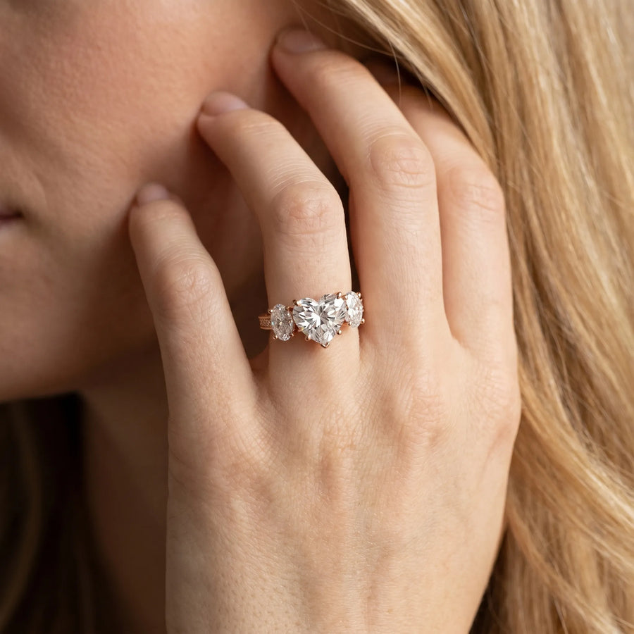 Rose gold Three-Stone Heart Diamond Milgrain Pave Band with Prong Setting