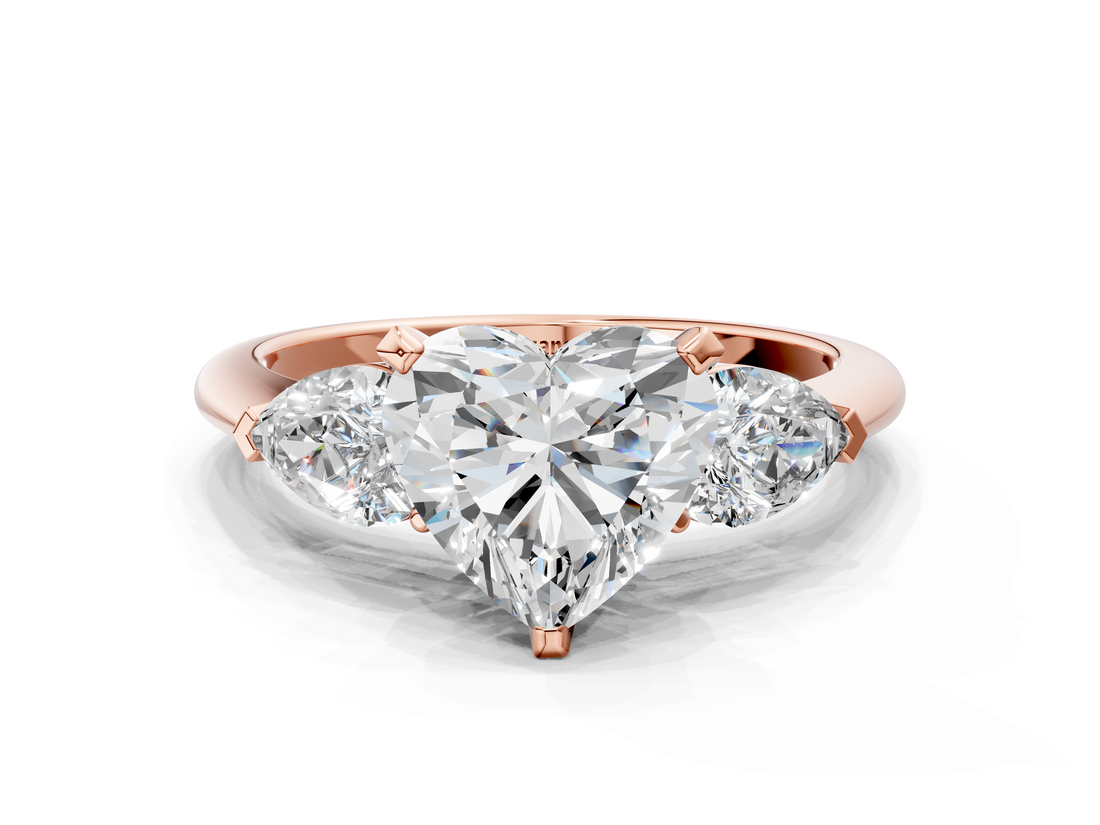 Rose gold Three-Stone Heart Diamond Ring with Pear Side Stones in Four-Prong Setting_68