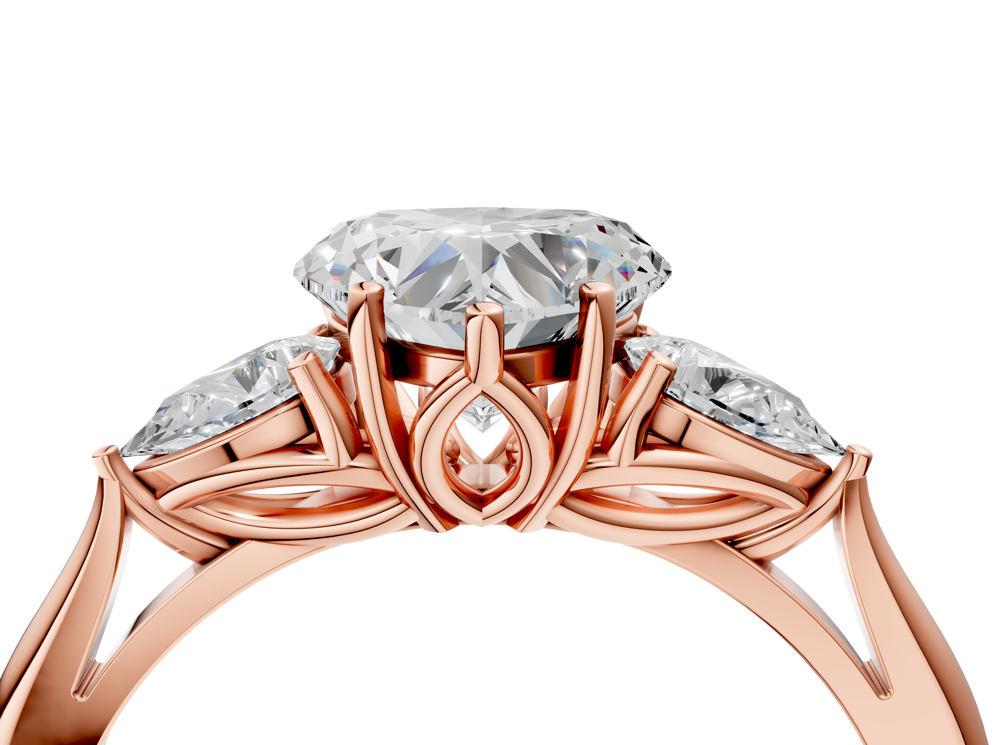 Rose gold Three-Stone Heart Diamond Solitaire Ring with Pear Side Stones and Four-Prong Setting_47
