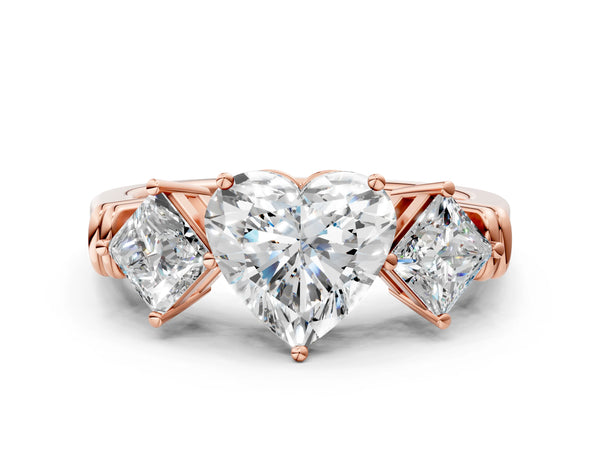 Rose gold Three-Stone Heart and Princess Cut Diamond Ring with Channel Band and Four-Prong Setting