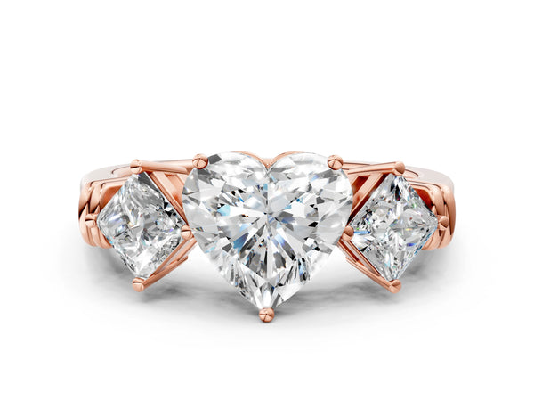 Rose gold Three-Stone Heart and Princess Cut Diamond Ring with Channel Band and Four-Prong Setting