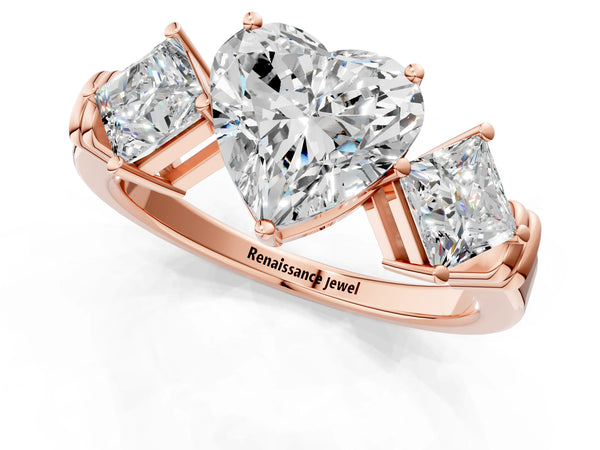 Rose gold Three-Stone Heart and Princess Cut Diamond Ring with Channel Band and Four-Prong Setting