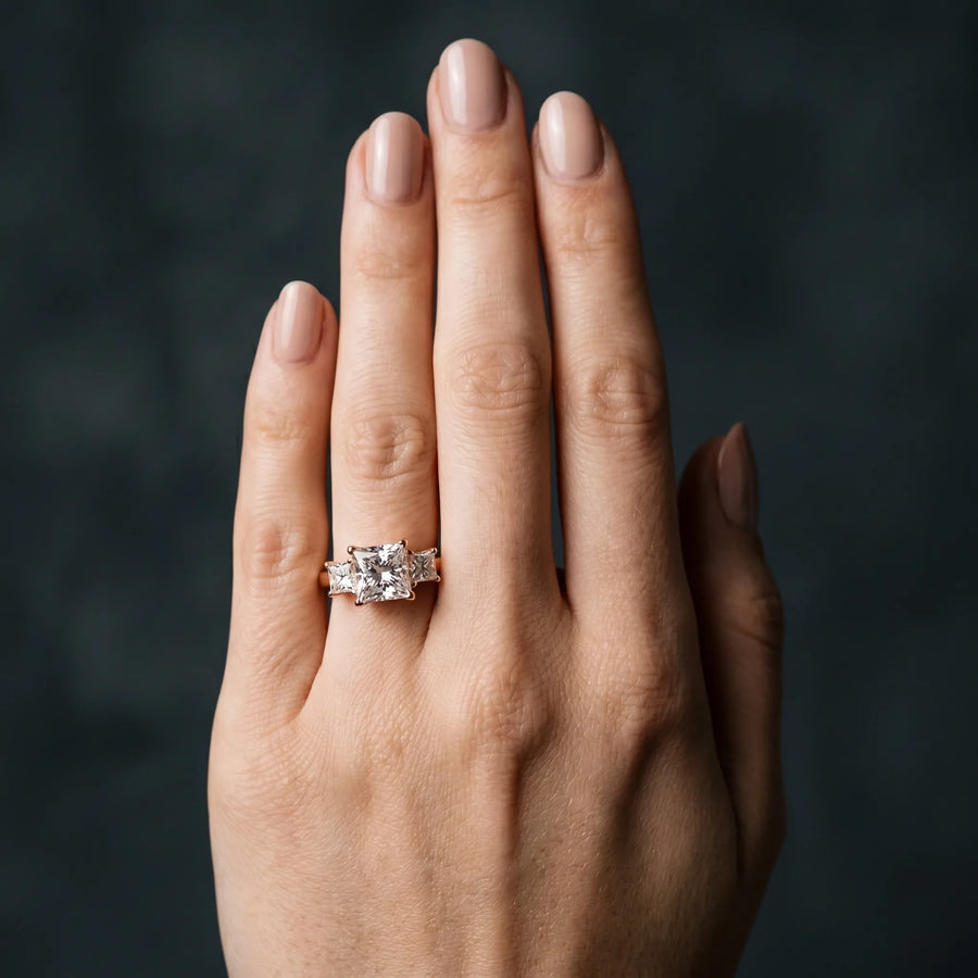 Rose gold Three-Stone Heart and Princess Cut Diamond Ring with Channel Band and Four-Prong Setting