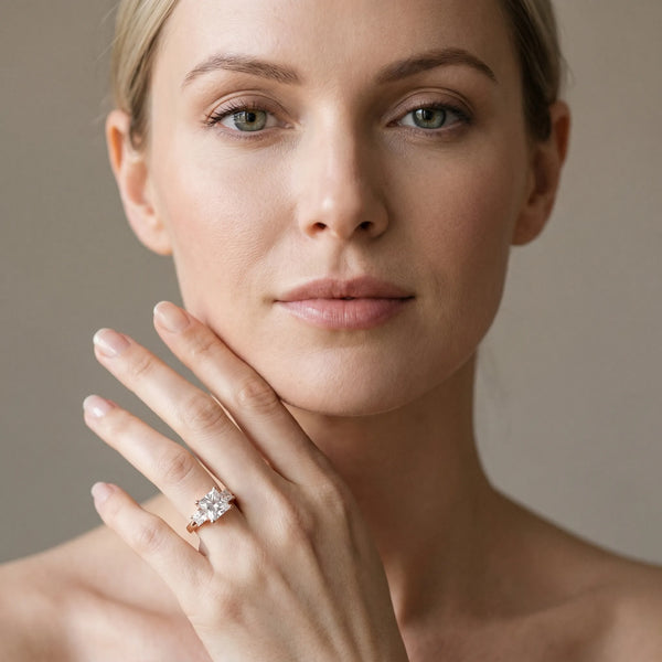 Rose gold Three-Stone Heart and Princess Cut Diamond Ring with Channel Band and Four-Prong Setting