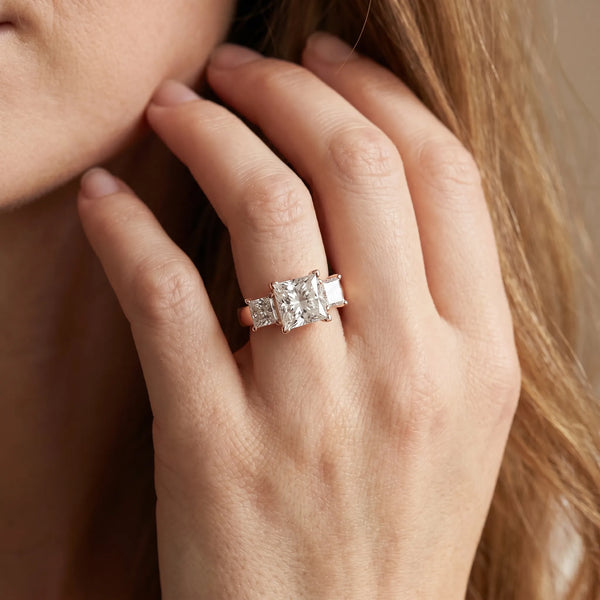 Rose gold Three-Stone Heart and Princess Cut Diamond Ring with Channel Band and Four-Prong Setting