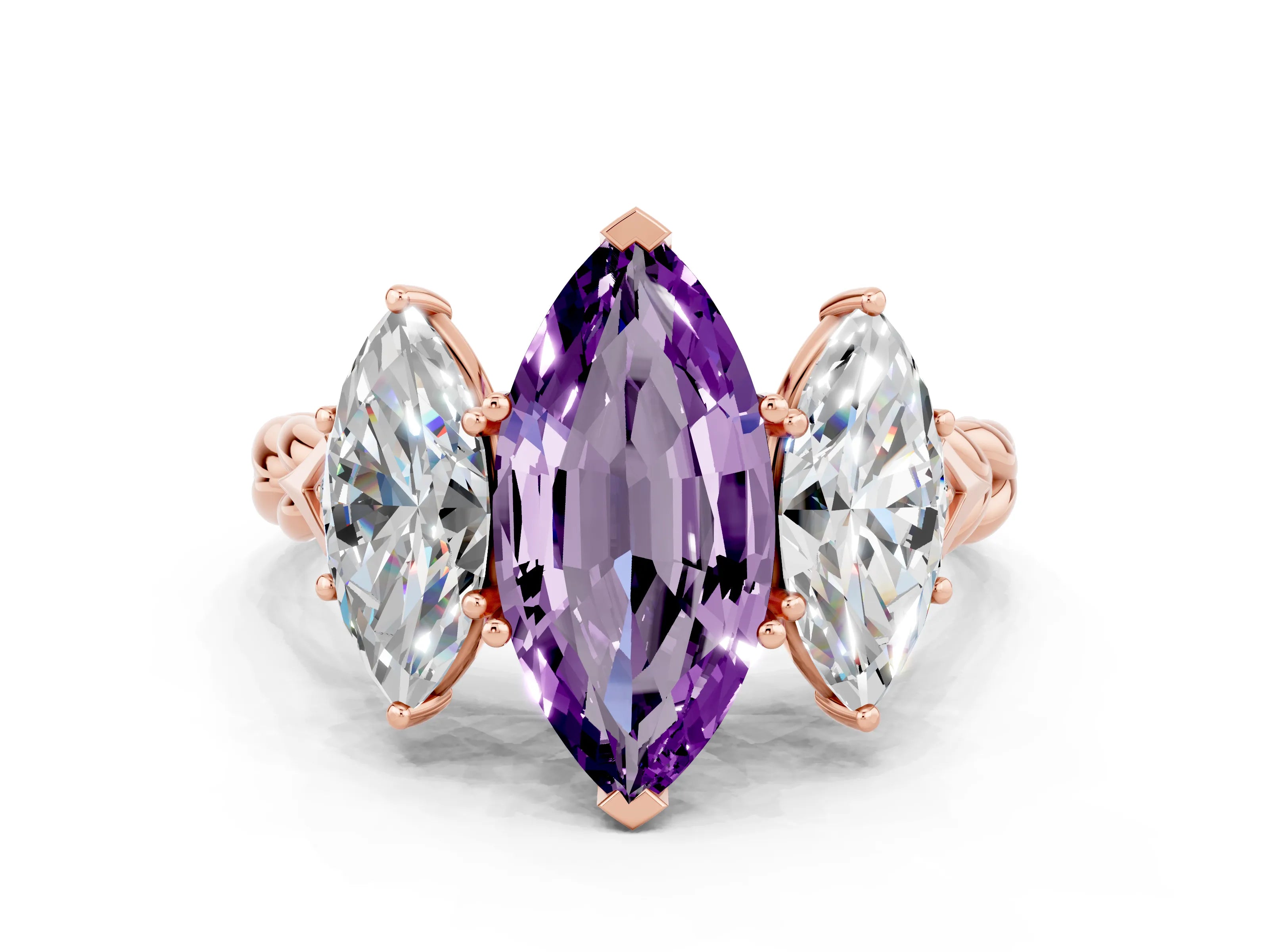 Rose gold Three-Stone Marquise Cut Amethyst Braided Band Ring with Four-Prong Setting_12
