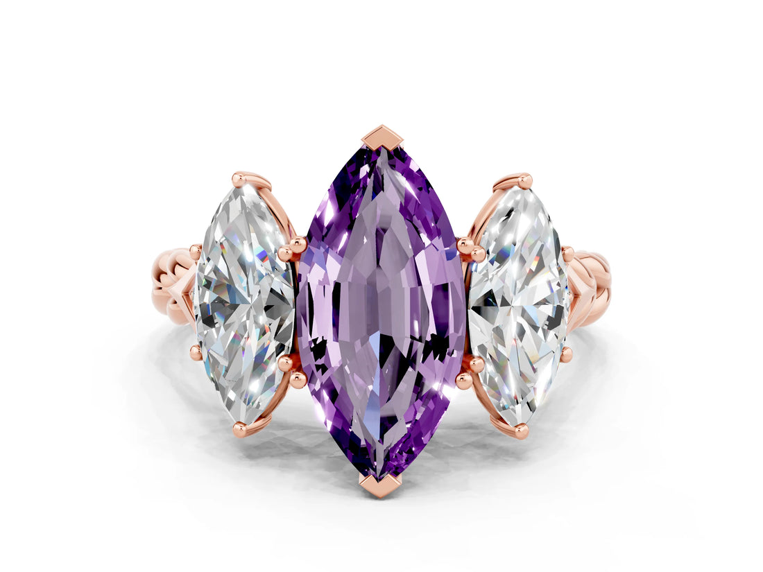 Rose gold Three-Stone Marquise Cut Amethyst Braided Band Ring with Four-Prong Setting_12