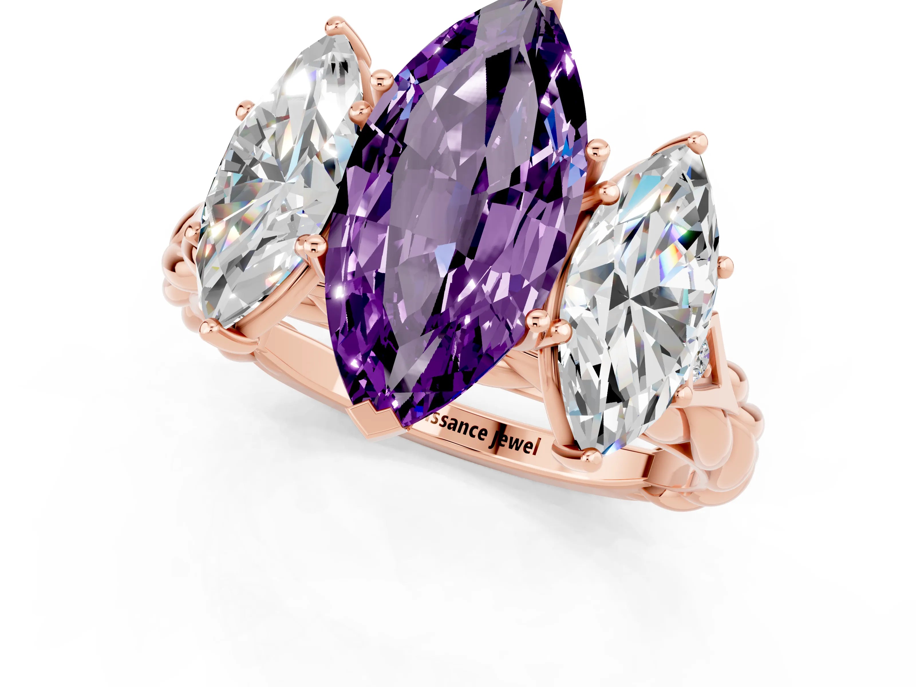 Rose gold Three-Stone Marquise Cut Amethyst Braided Band Ring with Four-Prong Setting_13