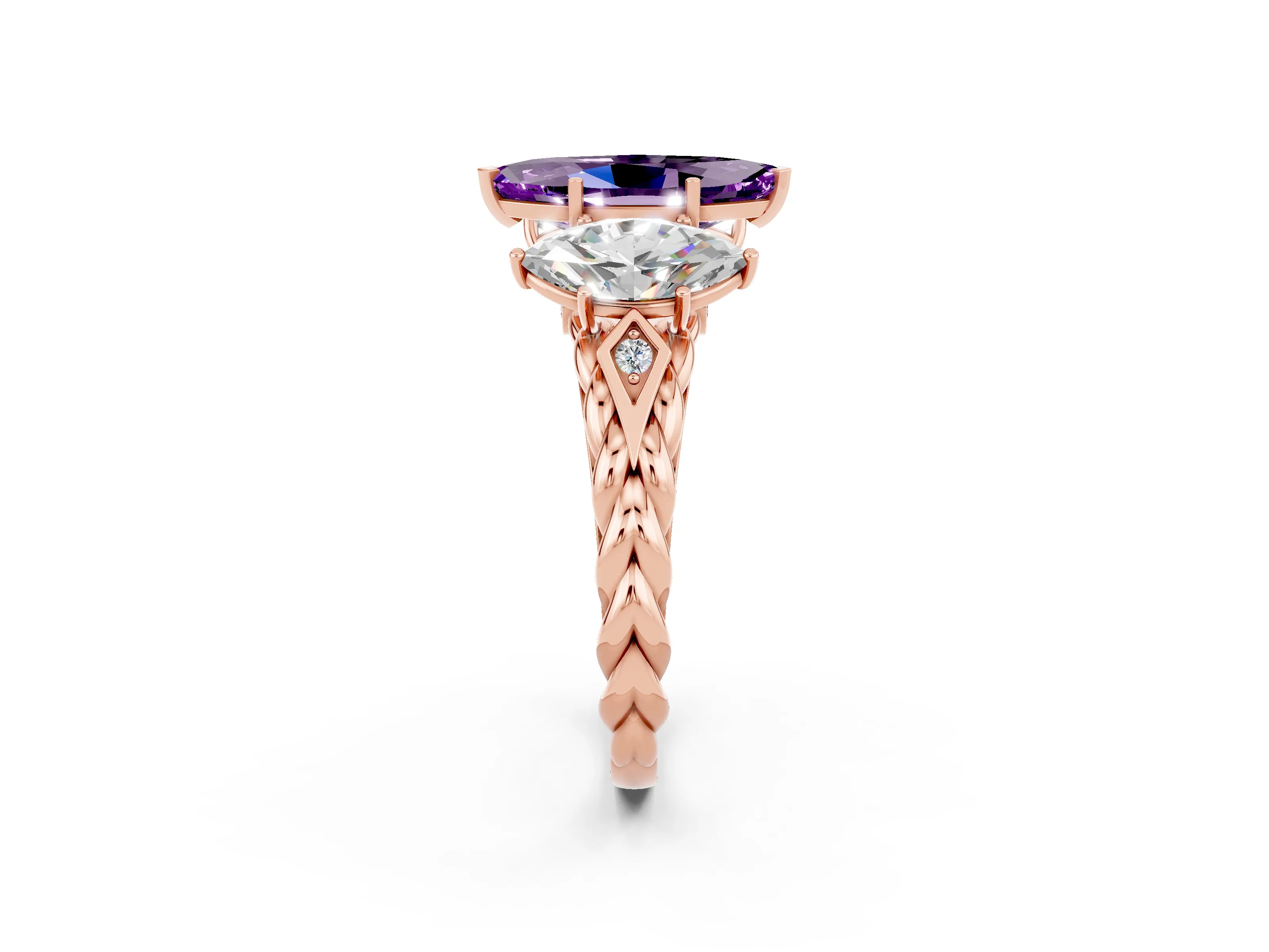 Rose gold Three-Stone Marquise Cut Amethyst Braided Band Ring with Four-Prong Setting_14