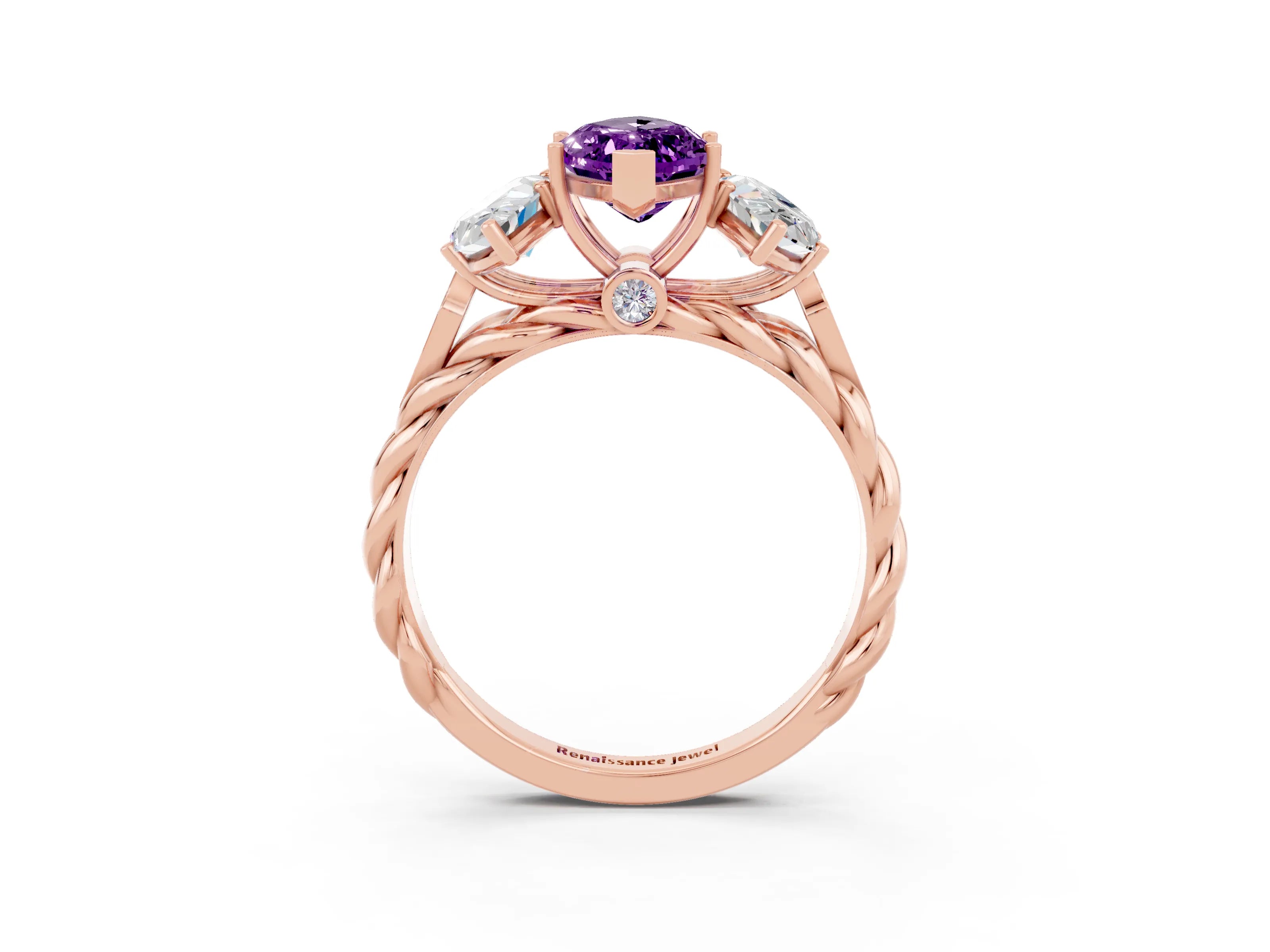 Rose gold Three-Stone Marquise Cut Amethyst Braided Band Ring with Four-Prong Setting_15