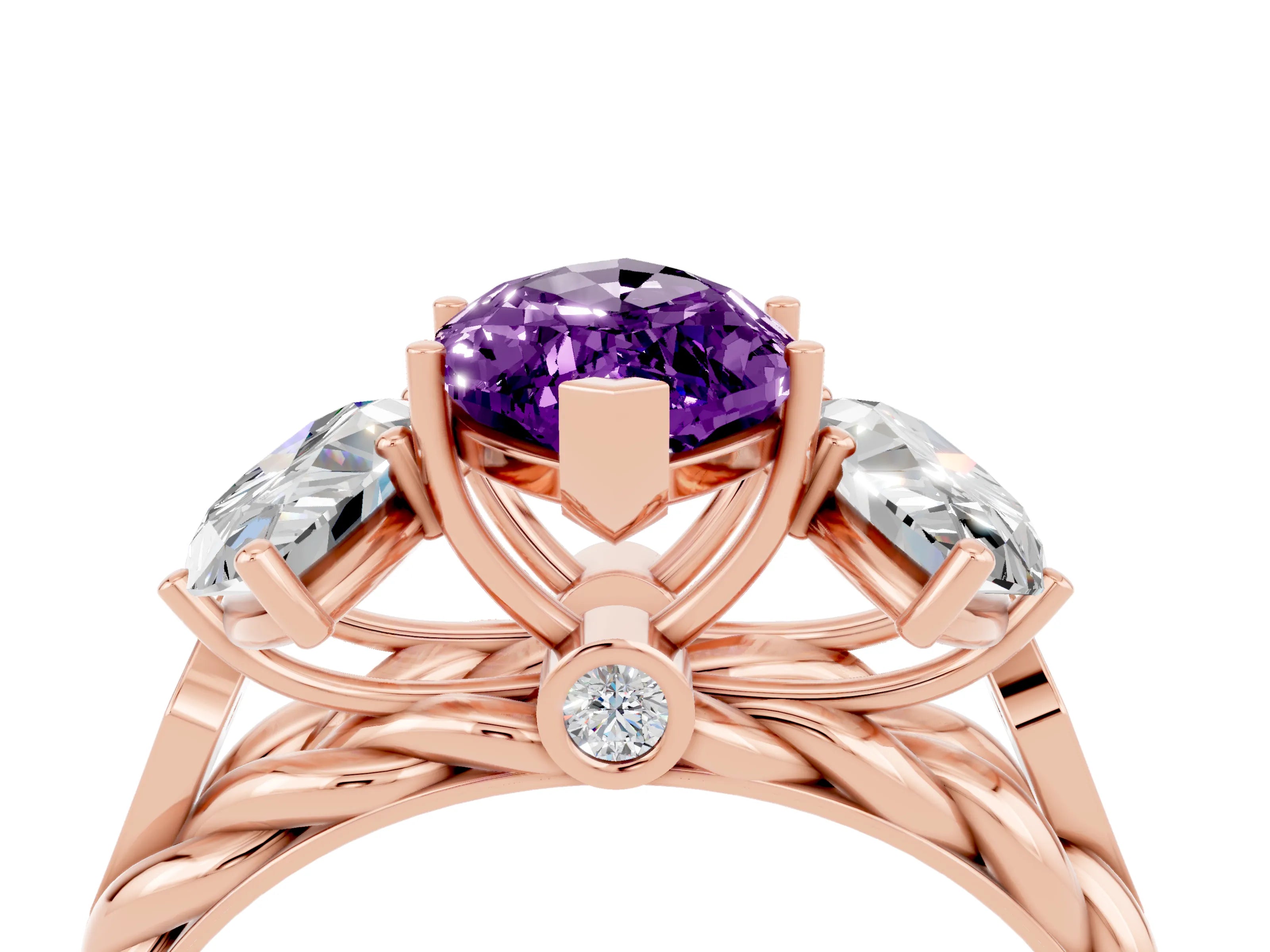 Rose gold Three-Stone Marquise Cut Amethyst Braided Band Ring with Four-Prong Setting_16
