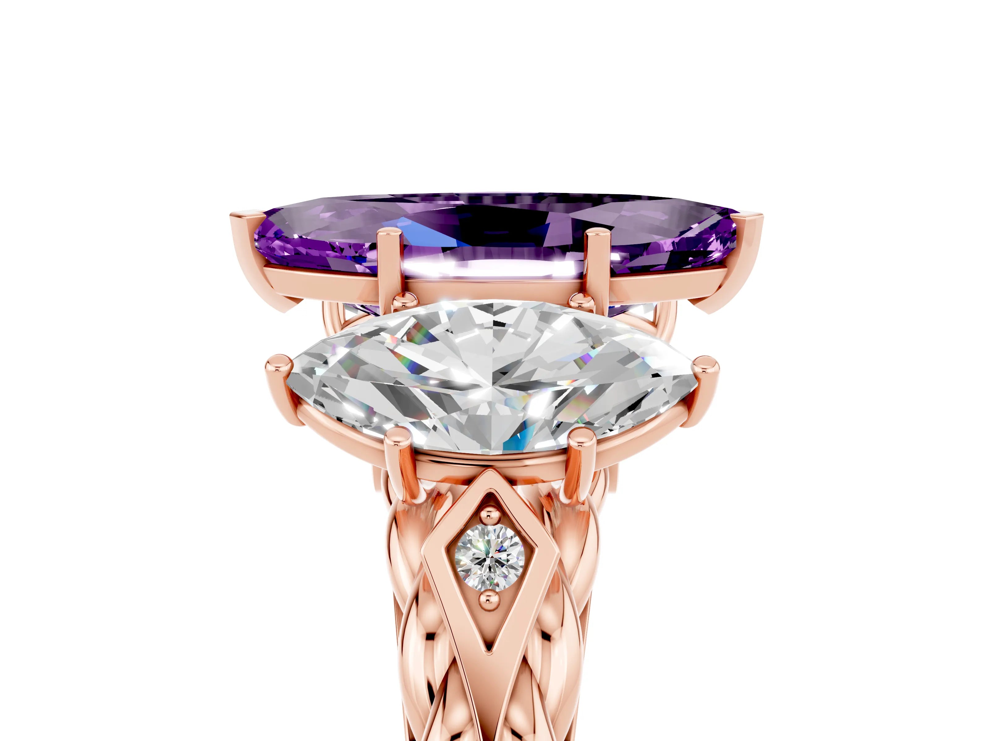 Rose gold Three-Stone Marquise Cut Amethyst Braided Band Ring with Four-Prong Setting_17
