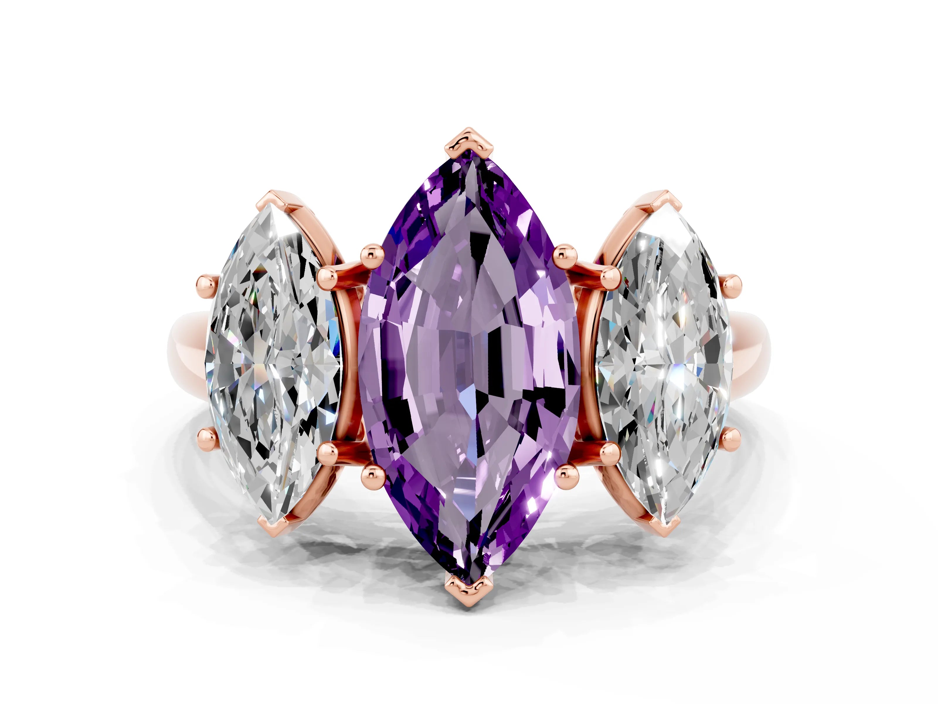 Rose gold Three-Stone Marquise Cut Amethyst Engagement Ring with Prong Setting