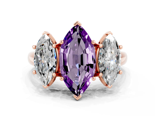 Rose gold Three-Stone Marquise Cut Amethyst Engagement Ring with Prong Setting