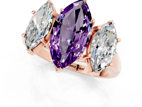 Rose gold Three-Stone Marquise Cut Amethyst Engagement Ring with Prong Setting
