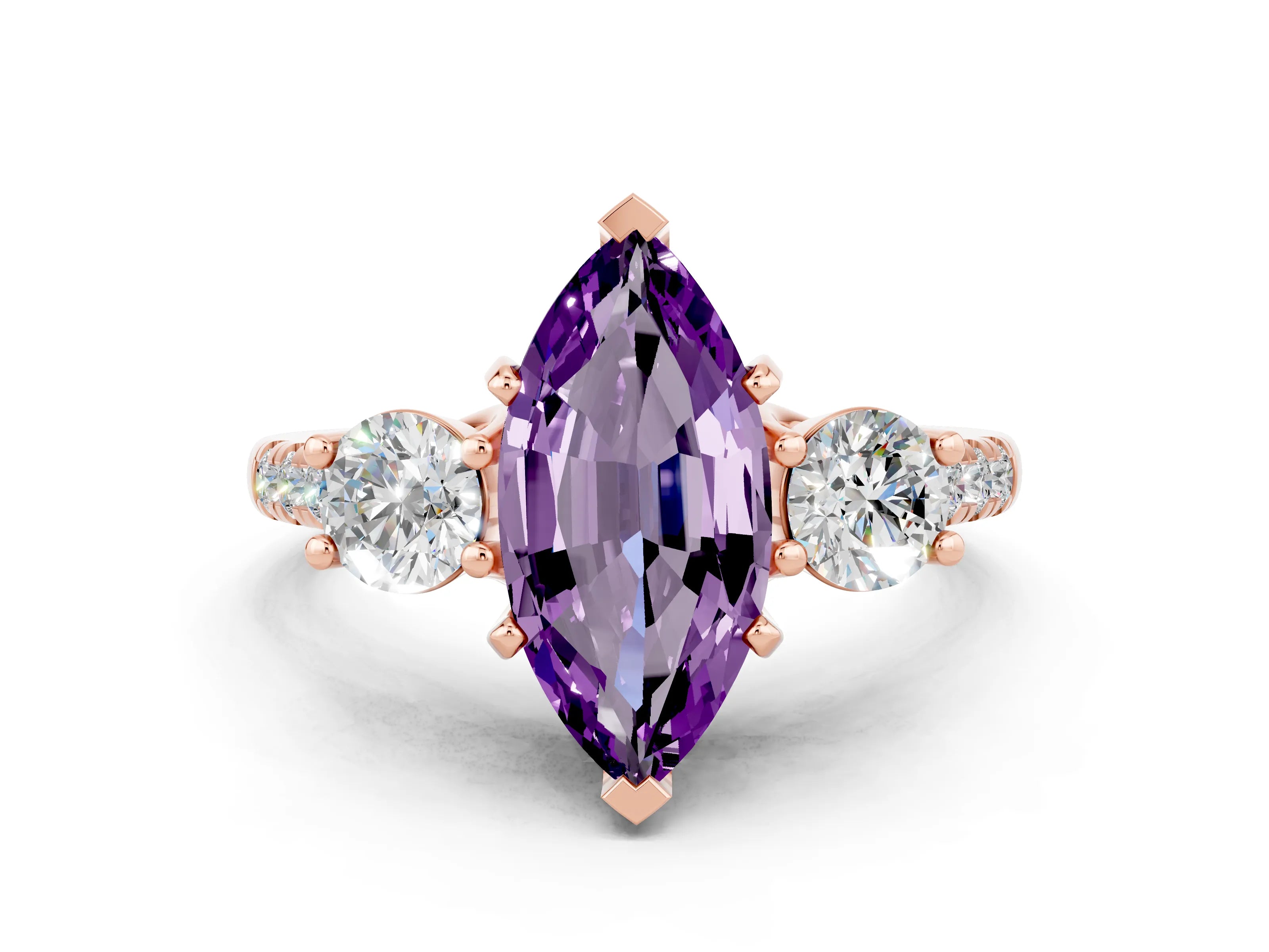 Rose gold Three-Stone Marquise Cut Amethyst Pavé Band with Four-Prong Setting