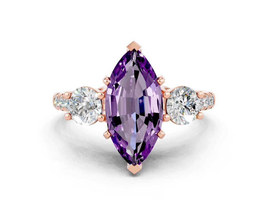 Rose gold Three-Stone Marquise Cut Amethyst Pavé Band with Four-Prong Setting
