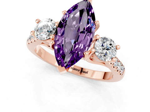 Rose gold Three-Stone Marquise Cut Amethyst Pavé Band with Four-Prong Setting_1
