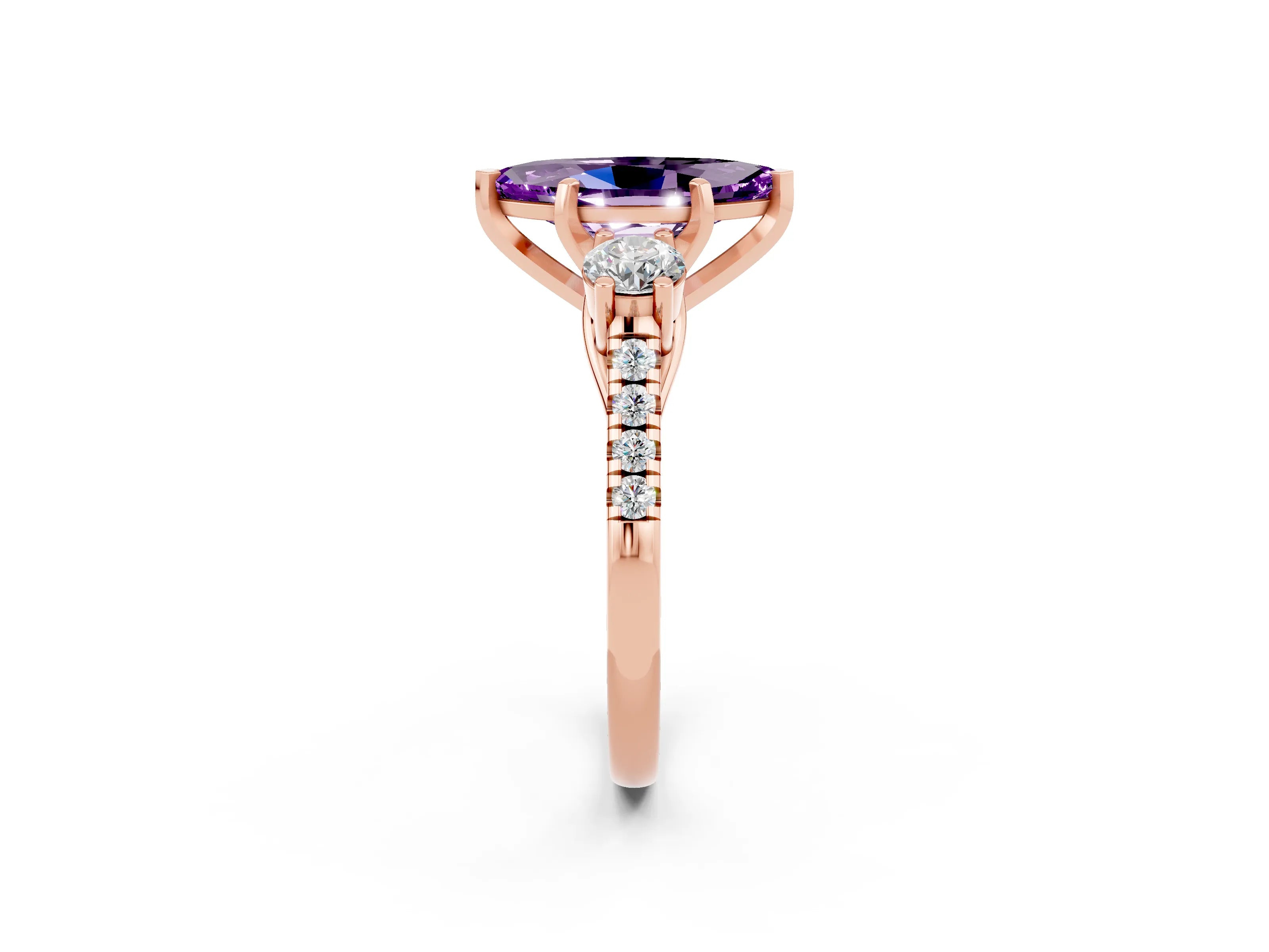 Rose gold Three-Stone Marquise Cut Amethyst Pavé Band with Four-Prong Setting_2
