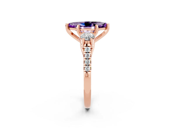 Rose gold Three-Stone Marquise Cut Amethyst Pavé Band with Four-Prong Setting