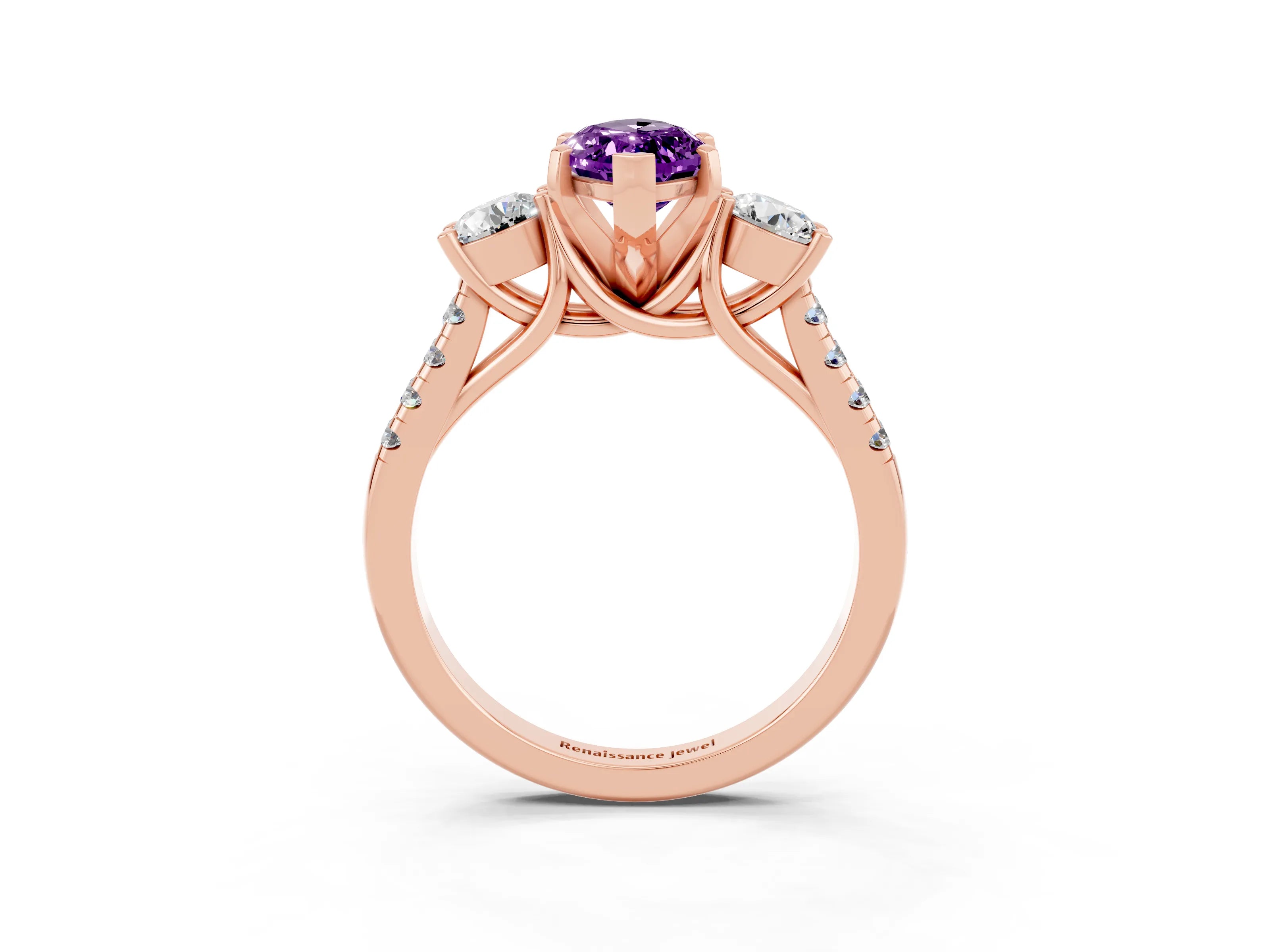 Rose gold Three-Stone Marquise Cut Amethyst Pavé Band with Four-Prong Setting_3