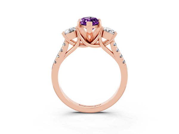 Rose gold Three-Stone Marquise Cut Amethyst Pavé Band with Four-Prong Setting
