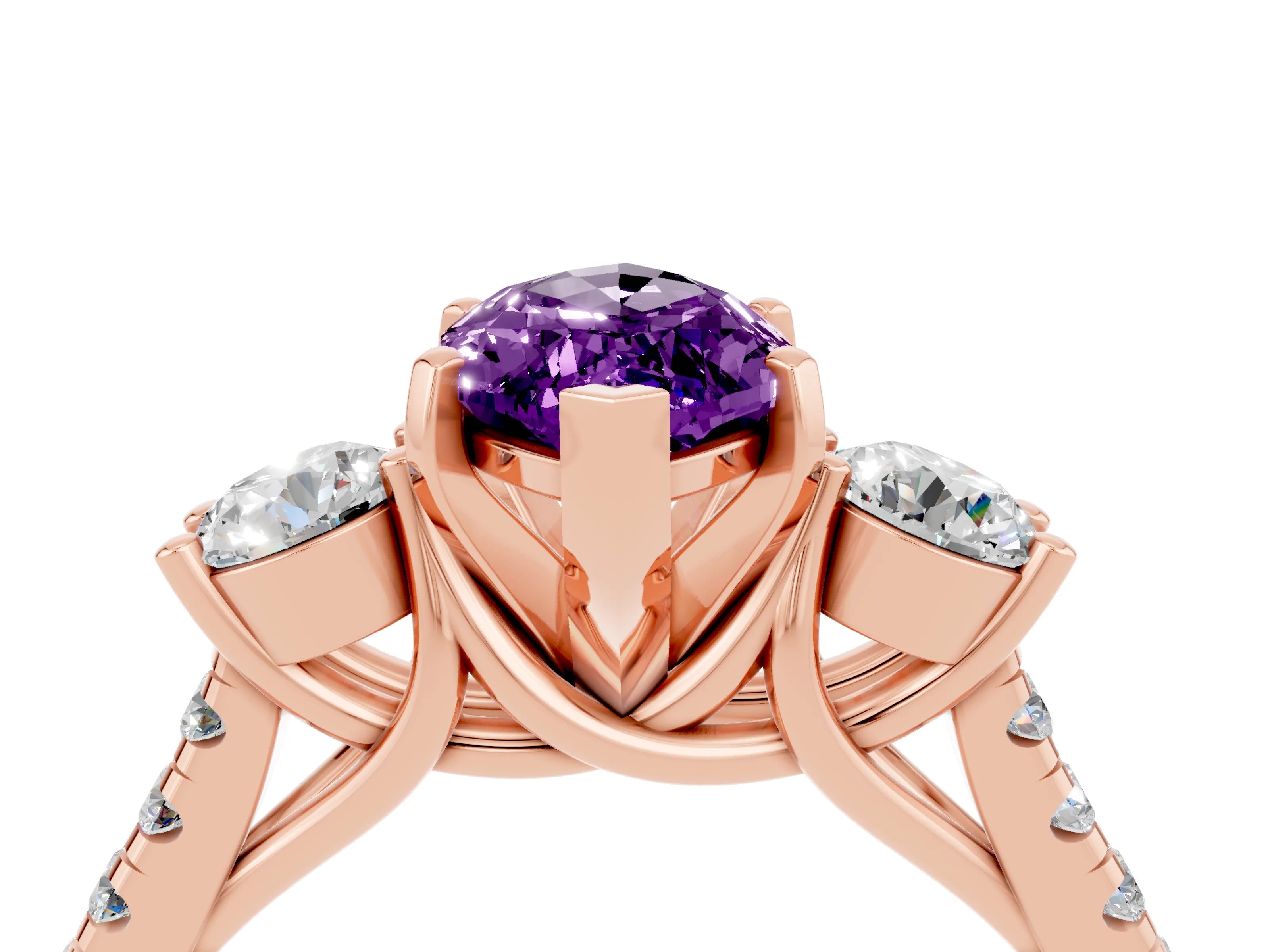 Rose gold Three-Stone Marquise Cut Amethyst Pavé Band with Four-Prong Setting_4