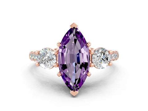 Rose gold Three-Stone Marquise Cut Amethyst Pavé Band with Four-Prong Setting