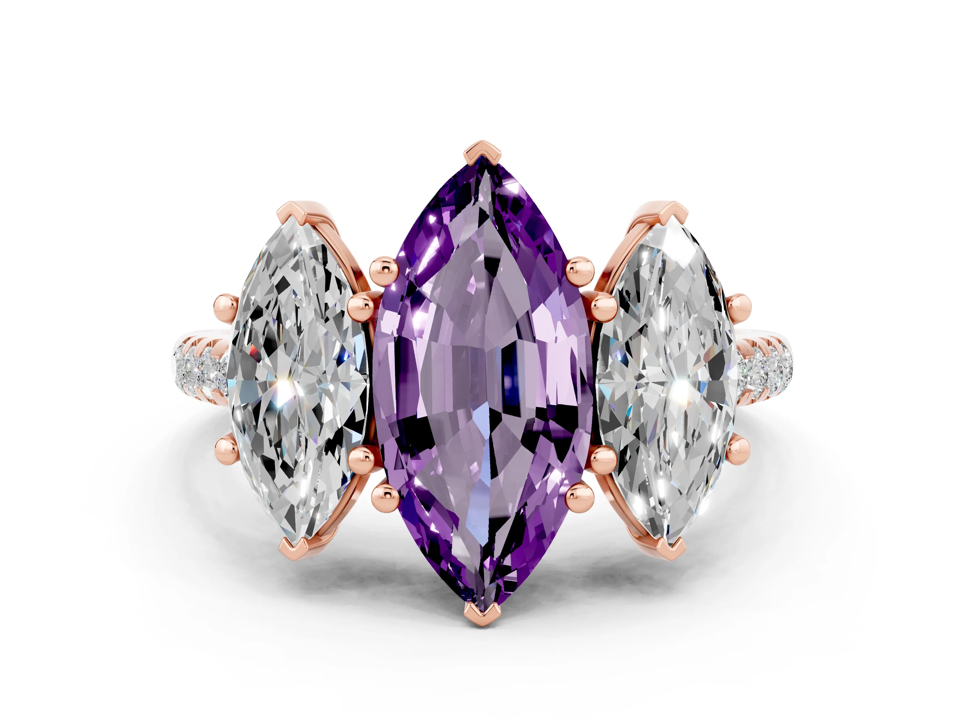 Rose gold Three-Stone Marquise Cut Amethyst Ring with Pavé Band and Prong Setting_12