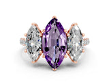 Rose gold Three-Stone Marquise Cut Amethyst Ring with Pavé Band and Prong Setting_12