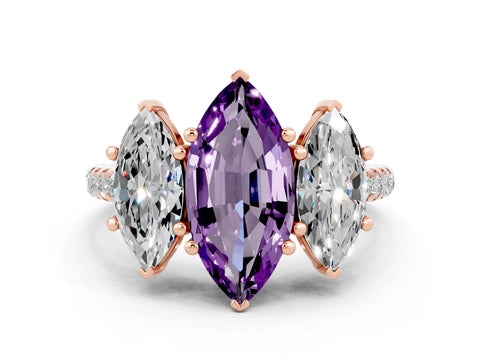 Rose gold Three-Stone Marquise Cut Amethyst Ring with Pavé Band and Prong Setting_12
