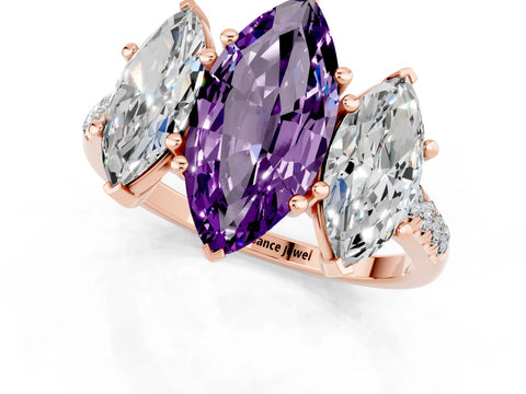 Rose gold Three-Stone Marquise Cut Amethyst Ring with Pavé Band and Prong Setting_13