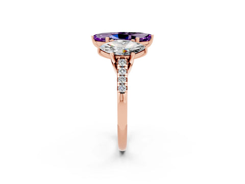 Rose gold Three-Stone Marquise Cut Amethyst Ring with Pavé Band and Prong Setting_14