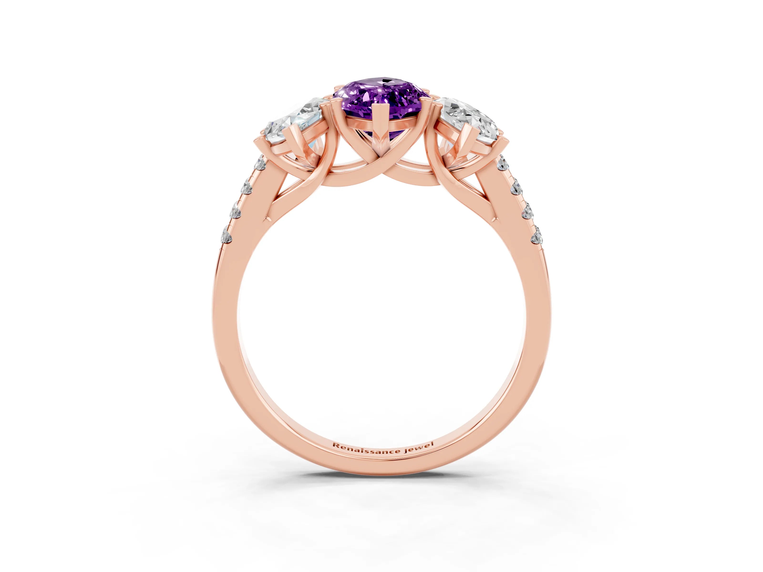 Rose gold Three-Stone Marquise Cut Amethyst Ring with Pavé Band and Prong Setting_15