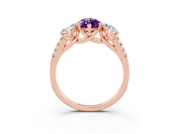 Rose gold Three-Stone Marquise Cut Amethyst Ring with Round  Pavé Band and Prong Setting