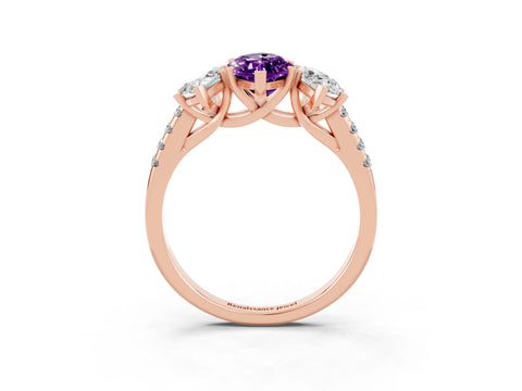 Rose gold Three-Stone Marquise Cut Amethyst Ring with Pavé Band and Prong Setting_15