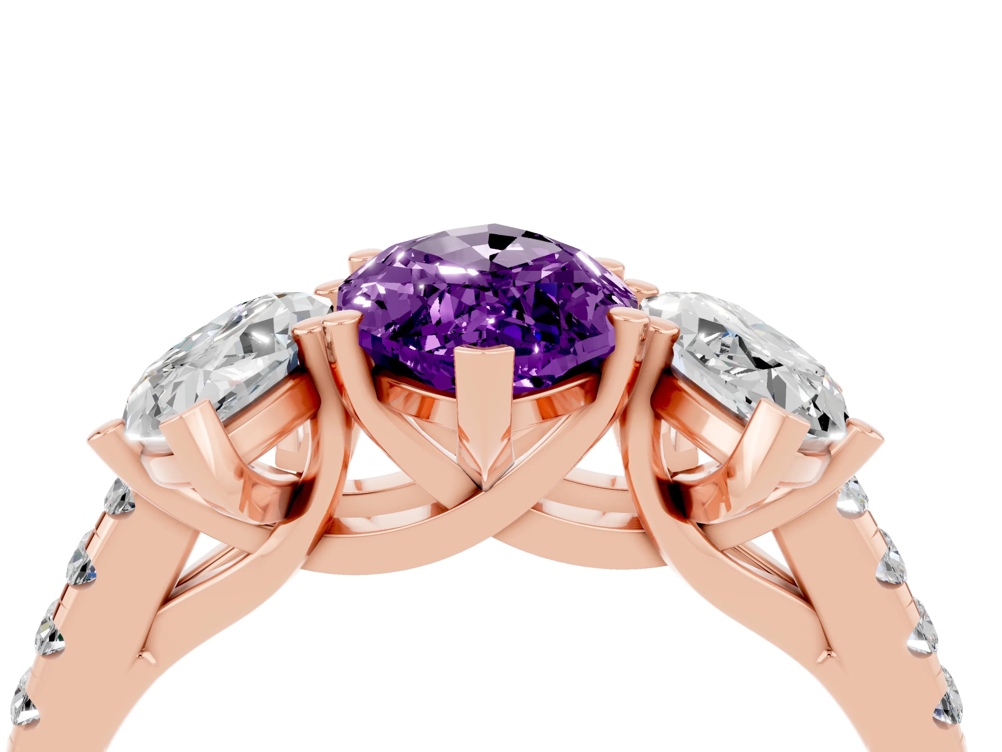 Rose gold Three-Stone Marquise Cut Amethyst Ring with Pavé Band and Prong Setting_16