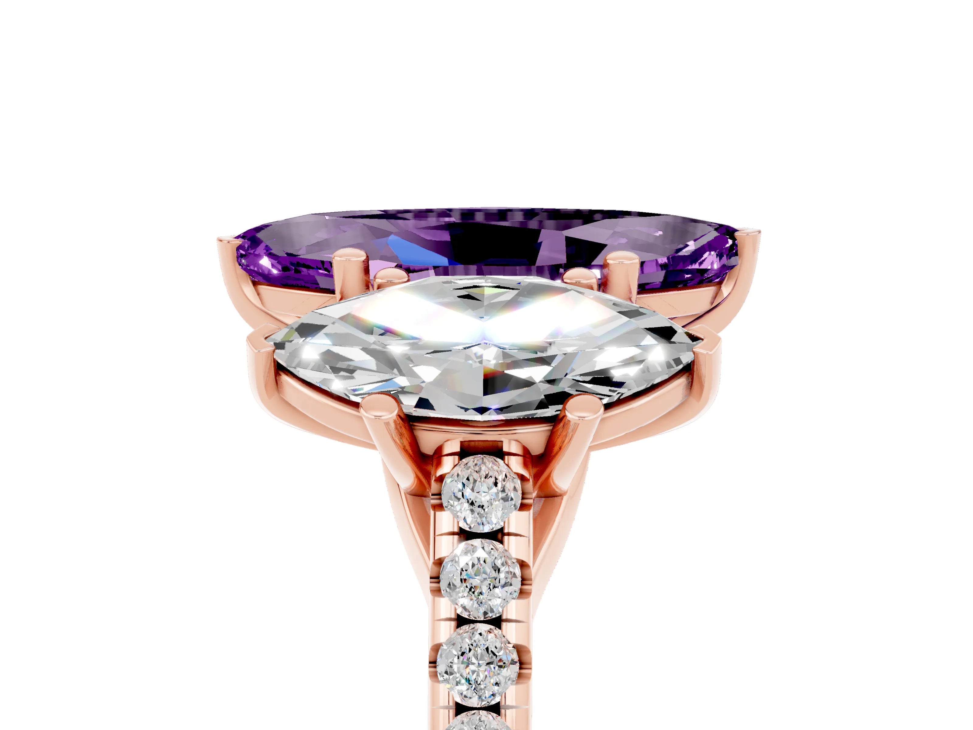 Rose gold Three-Stone Marquise Cut Amethyst Ring with Pavé Band and Prong Setting_17