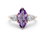 Rose gold Three-Stone Marquise Cut Amethyst Ring with Pear Side Stones and Four-Prong Setting