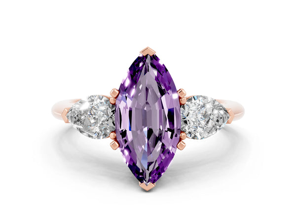 Rose gold Three-Stone Marquise Cut Amethyst Ring with Pear Side Stones and Four-Prong Setting