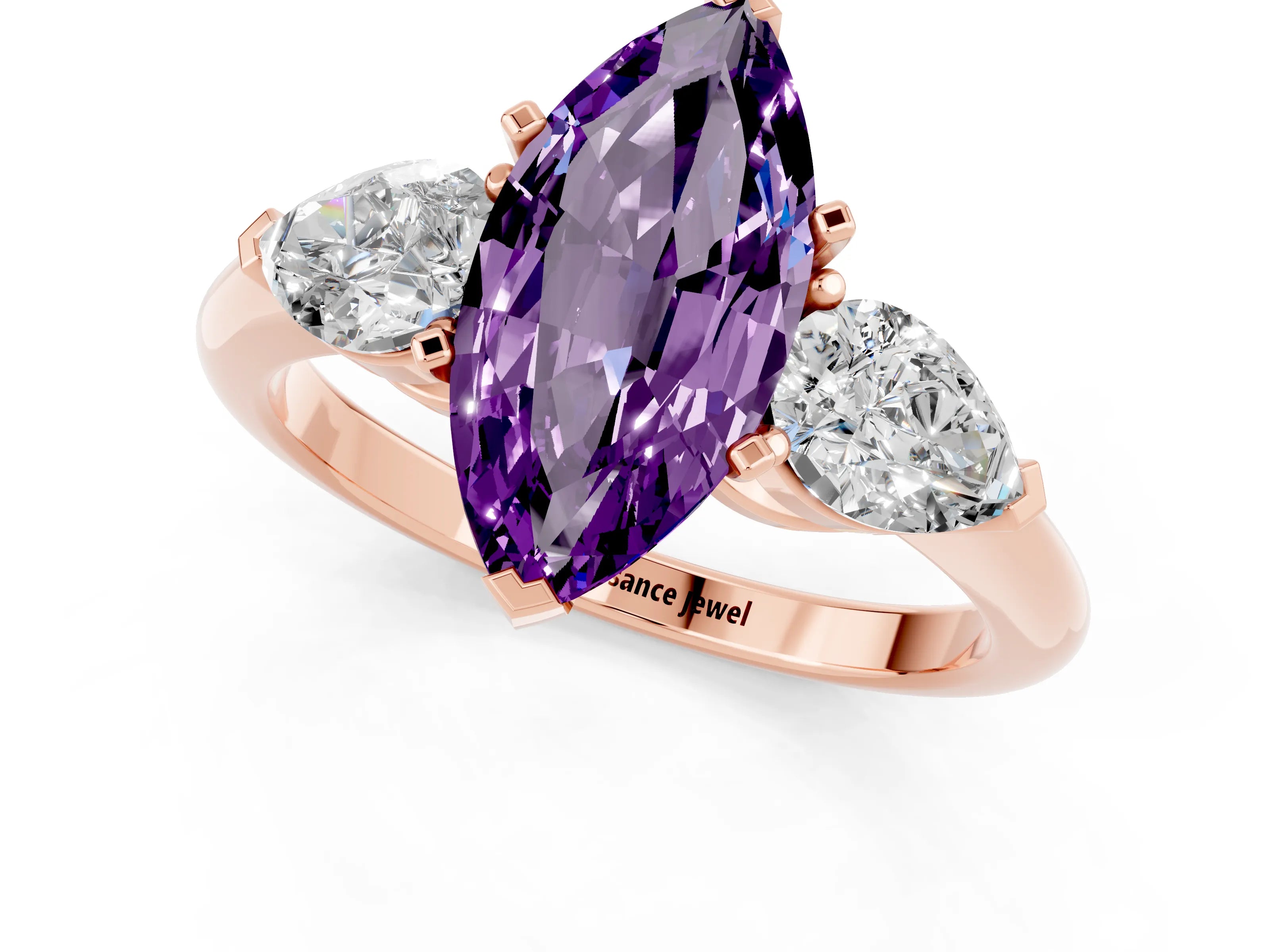 Rose gold Three-Stone Marquise Cut Amethyst Ring with Pear Side Stones and Four-Prong Setting_1