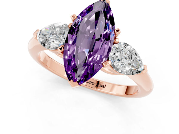 Rose gold Three-Stone Marquise Cut Amethyst Ring with Pear Side Stones and Four-Prong Setting