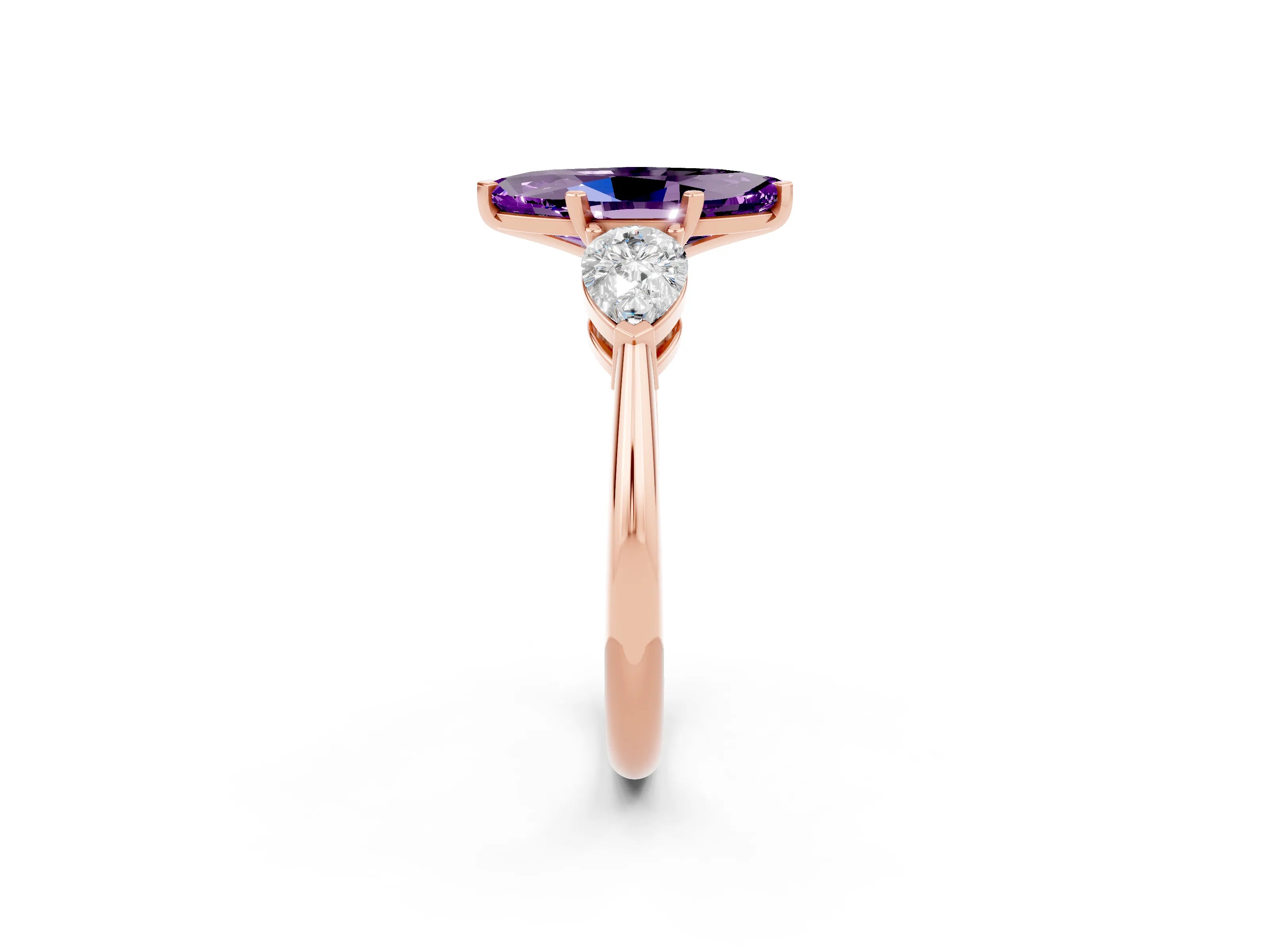 Rose gold Three-Stone Marquise Cut Amethyst Ring with Pear Side Stones and Four-Prong Setting_2