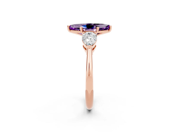 Rose gold Three-Stone Marquise Cut Amethyst Ring with Pear Side Stones and Four-Prong Setting