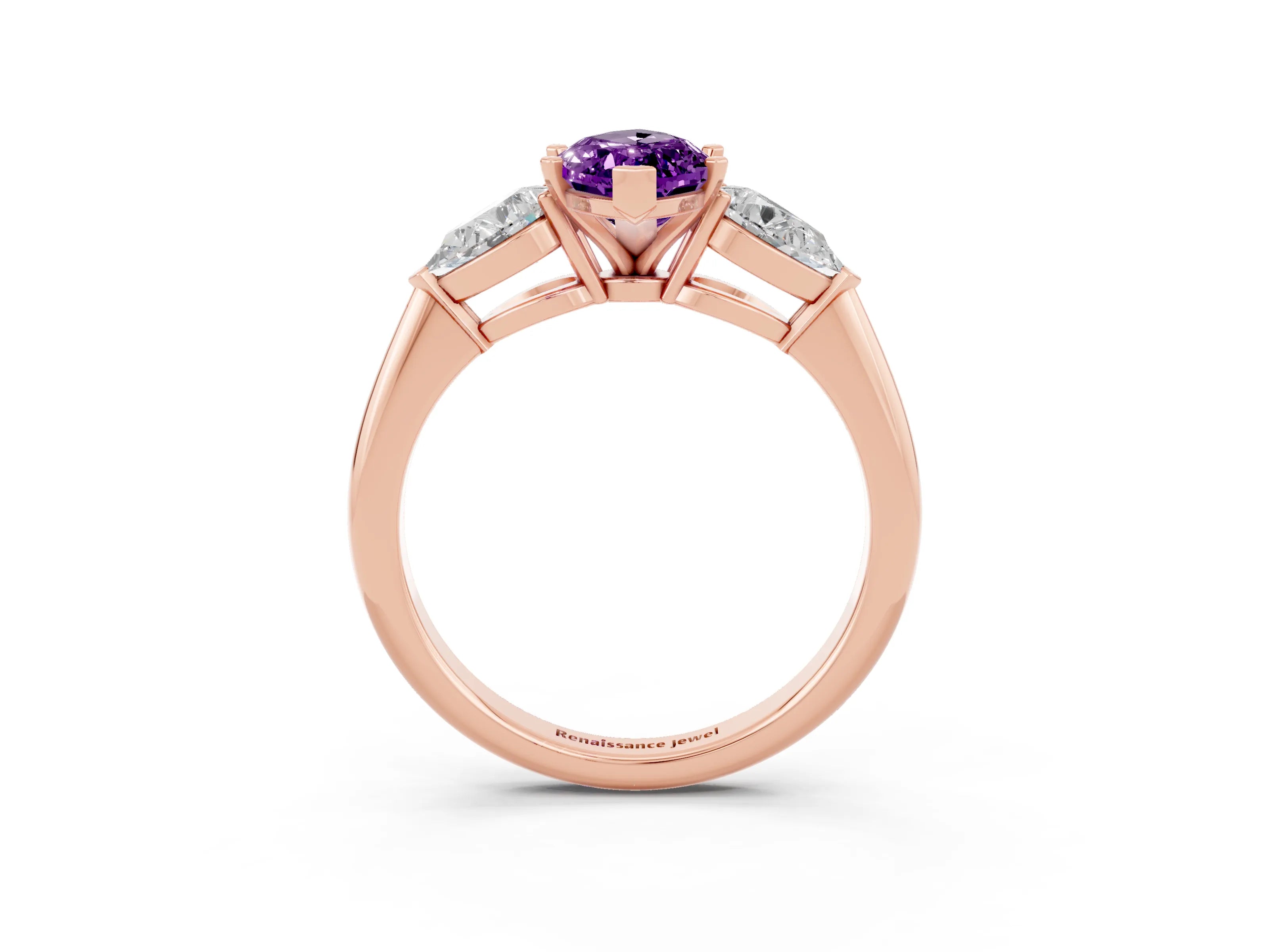 Rose gold Three-Stone Marquise Cut Amethyst Ring with Pear Side Stones and Four-Prong Setting_3